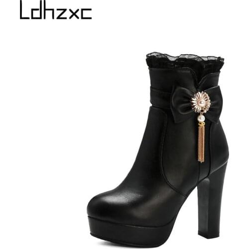 LDHZXC Chelsea Boots Women Leather Ladies Boots Chunky Winter Shoes Platform Ankle Boots Thick High Heel Brand Designer