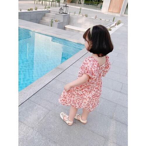 Fashion T Shirt Short Cotton Girls Floral Dress Party Pink Tulle Korean Princess Girls Dress Flower Robe Fille Clothes BW50DR