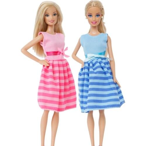 2 Pcs / Lot Fashion Doll Dress Daily Casual Wear Skirt Blue Pink Bowknot Short Gown Clothes for Barbie Doll Accessories Kids Toy