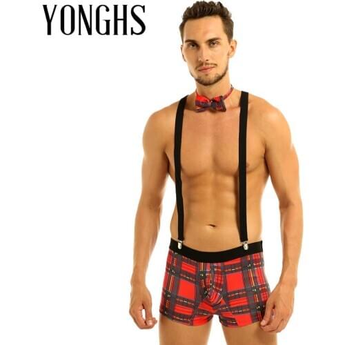 Mens Lingerie Underwear Plaid Bulge Pouch Boxer Briefs with Y Back Elastic Strong Clip Suspenders Bowtie Set Sex Cosplay Costume