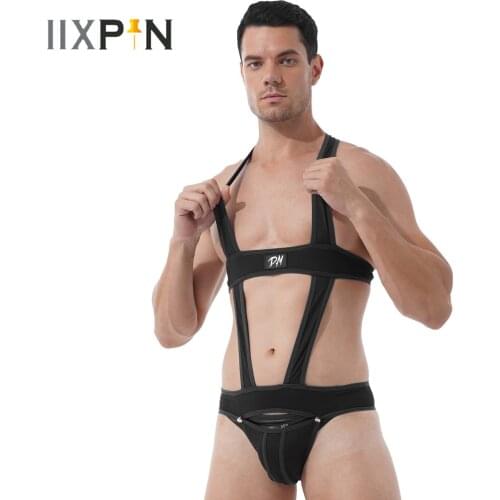 Mens Contrast Color Hollow Out Bodycon Jumpsuit Erotic Leotard Romper Bulge Pouch Jockstrap Catsuit Nightclub Stage Show Costume