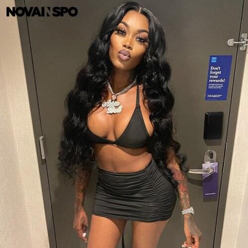 NOVAINSPO Black Solid Low Cut Backless Halter Tops And Skirts Sets Ruching Skinny Clubwear Tie Front Sexy Baddies Women Set Hot