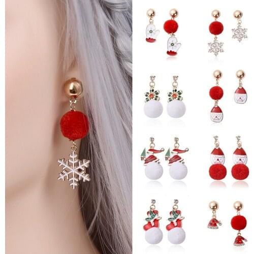 New Christmas Snowflake Rhinestone Hair Ball Enamel Hair Ball Asymmetrical Christmas Earrings Wholesale