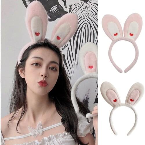 Women Girls Lovely Rabbit Ears Plush Headband Red Heart Embroidery Bunny Animal Hair Hoop Wash Face Makeup Bathroom Bandana Part
