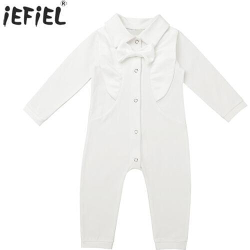 New Born Baby Girls Boys Clothes Cute Solid Color Long Sleeves Bowtie Baby Romper One-piece Baptism Suit Jumpsuit with Bowknot