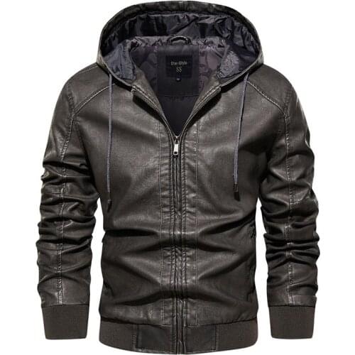 2021 Autumn Winter Mens Leather Biker Jackets And Coats With Hood Fashion Faux Leather Motorcycle Biker Outerwear Parkas