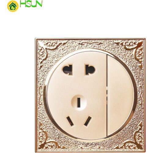 Gold-plated round type 86 kitchen bathroom wall power switch with socket panel 1 Gang 2 Way five-hole socket