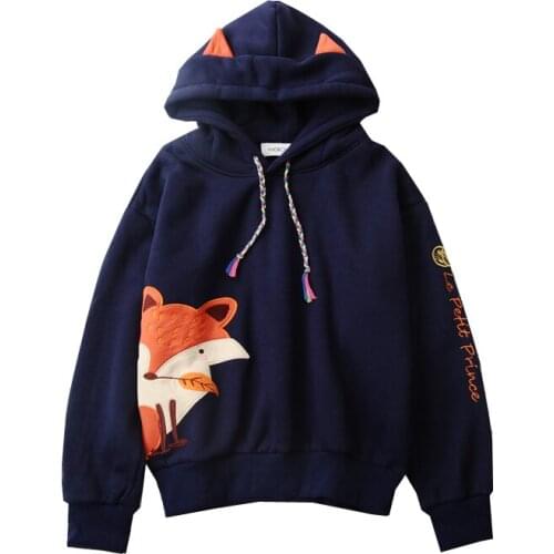 XUANHAO Women Cartoon Fox Embroidery Nacy Hooded Sweatshirts Winter Long Sleeve Velvet Pullovers Harajuku Fleece Hoodies