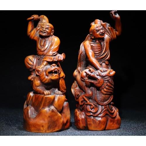 YIZHU CULTUER ART Collection China Old Boxwood Hand Carved Tiger Buddha Dragon Buddha Decoration