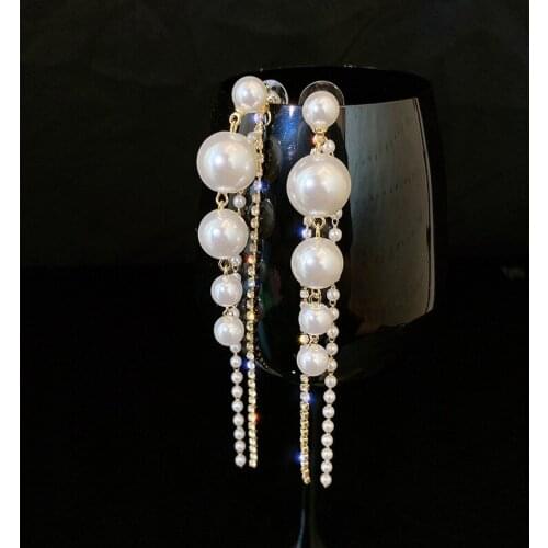 ​ZDMXJL Fashion Occident Exaggerated Women Earring Long Zircon Pearl Tassels Drop Earrings Dangle jewelry Accessories Lady Gifts