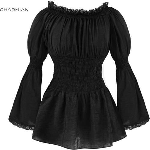 Charmian Autumn Off Shoulder Top Vintage Gothic Victorian Blouse Lolita Long Flare Sleeve Lace Top Steampunk Women Clothing