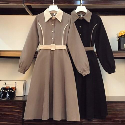 EHQAXIN Womens Dresses 2021 Autumn Vintage Long-Sleeve Buttons Loose Woolen Cloth A-Line Dress For Female Large Size M-4XL