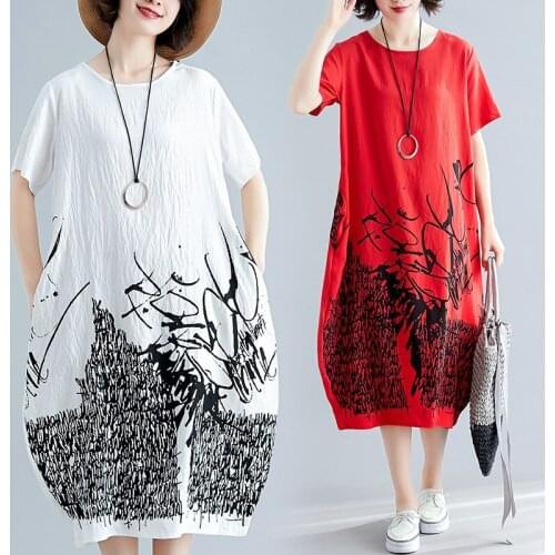 Womens Dresses New Arrival 2019 Summer Ethnic Ladies Dresses A Line Red White Retro Dress Midi Elegant Robe Vintage Femme AA4766