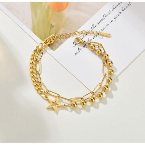 YAOLOGE 316L Stainless Steel 2021 For Women 2 Colors Hollow Out Star 2 Layer Beads Chain Bracelets Fashion Party Jewelry Gift