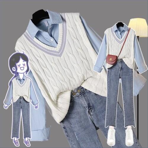 3 Piece Plus Size 2XL Solid Shirts Sweet Vests Ankle Length Jeans Office Lady Womens Daily Casual Trendy Chic Women Sets Elegant