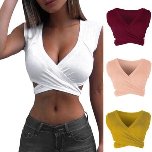 Sexy Women Summer Solid Color V Neck Crop Top Slim Sleeveless Short Vest Bandage Clothes Fashionable 8 Colors