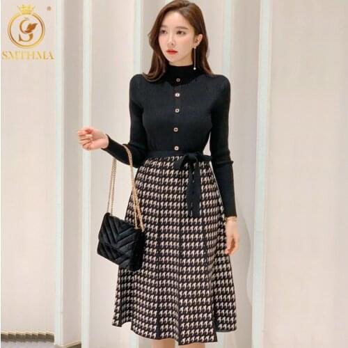 SMTHMA Elegant Long Sleeve Sweater Dresses Women Thick Knit New Autumn Winter Female Slim Houndstooth Patchwork Casual Vestidos