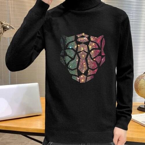 Winter Mens Turtleneck Sweater Casual Designer Knit Pullover Slim Knitwear Spring Party Rhinestone WOOL Black and White