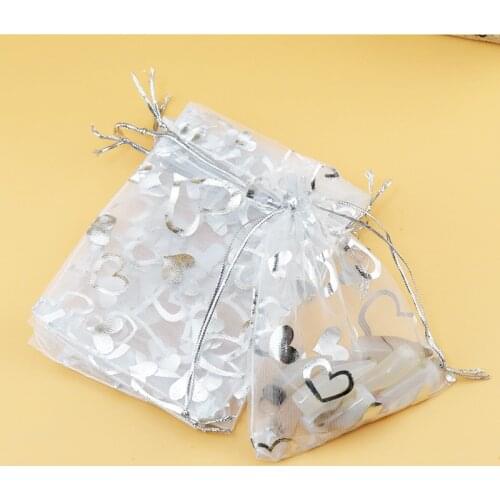 100pcs 7x9cm Drawable Organza Bags Heart White color Wedding Christmas Gift Bag Jewelry Packaging Bags Pouches