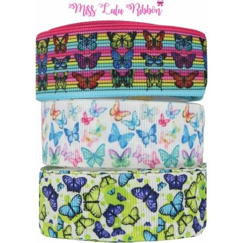 16mm-75mm Bright Colorful Butterfly Series Printed Grosgrain/Foe Ribbon Rainbow Lines DIY Festival Party Hair Bow 50yards/roll