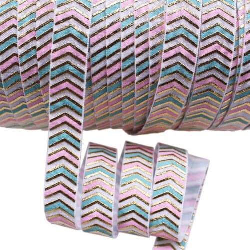 5/8" gold foil with 2 colors ink printed chevron FOE fold over elastic