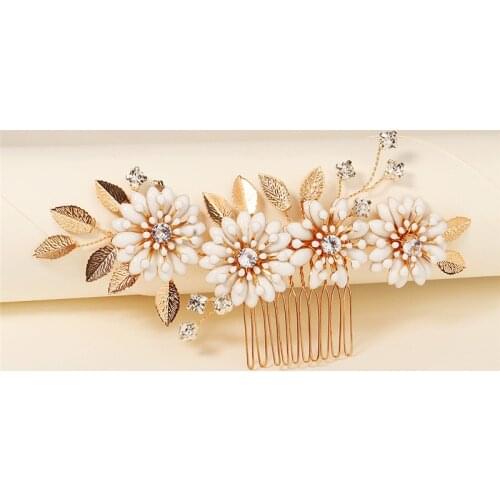 White Floral Headpiece Vintage Bridal Hair Comb Gold Leaf Wedding Accessories Handmade Women Jewelry