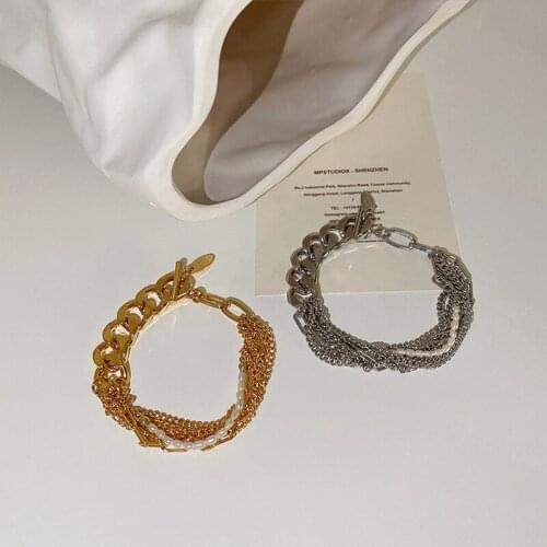 Origin Summer Hip Hop Multi-Layer Silver Gold Colour Asymmetry Chain Bracelets for Women Real Pearls Charm Bracelets Accessories