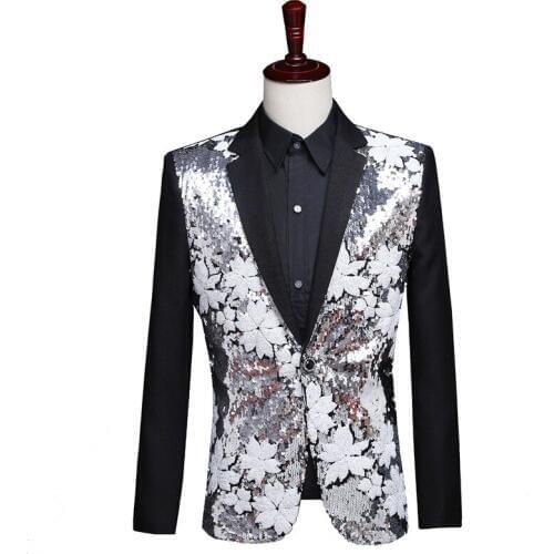 Floral Sequin Patchwork Blazer Men Nighclub Stage Single Breasted Mens Blazer Jacket Party Wedding Stage Singer Costume Homme