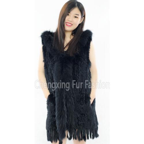 CX-G-B-07B New Arrival Raccoon Fur Trim Womens Genuine Knitted Rabbit Fur Vest