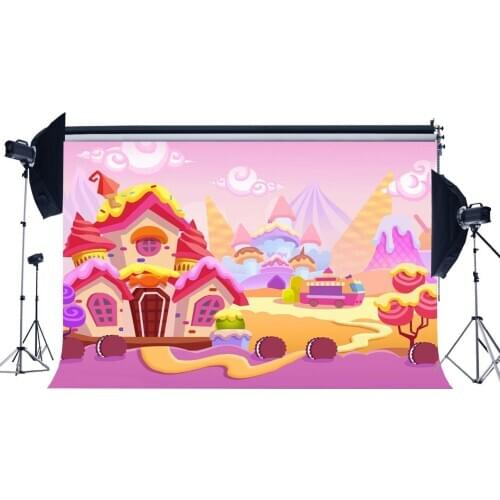Girls 1st Birthday Backdrop Fairytale Castle Backdrops Ice Cream House Candy Lollipops Fantasy Cartoon Photography Background