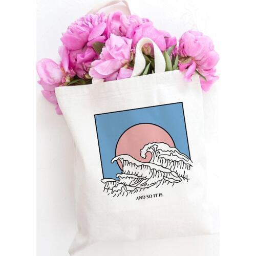 And So It Is Ocean Wave Aesthetic College Canvas Shoulder Bag Fashion Tumblr Graphic Large Capacity White Totes Print Bags