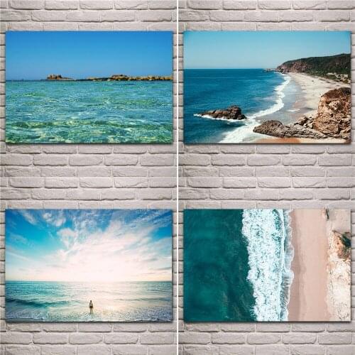 Emerald Green Wave Oil Painting and Blue Sky and White Clouds Beach Seascape Poster Travel Landscape Image Home Wall Art Decor