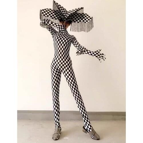 Halloween black and white grid fringed mysterious headgear jumpsuit nightclub bar Ds lead dancer GoGo costume