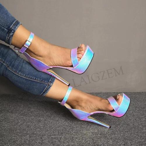 LAIGZEM Women Platform Sandals Ankle Strap Reflect Colors Stiletto High Heel Pumps Party Club Sandalia Shoes Large Size 34-52
