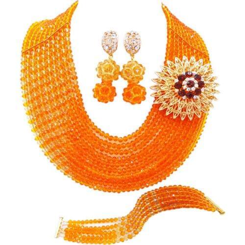 Orange Champagne Gold Nigerian Wedding African Beads Jewelry Set Crystal Bridal Party Jewelry Sets Necklace Earrings 10JZ06
