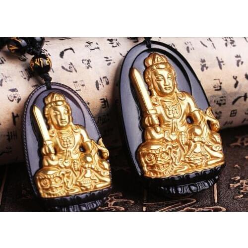The opening of obsidian gilded Manjusri Bodhisattva natal Buddha Pendant Necklace female patron man rabbit year of fate