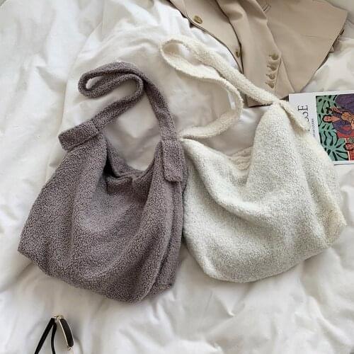 Casual Plush Top-handle Bag Autumn Women Solid Color Large Capacity Shopping Travel Shoulder Tote