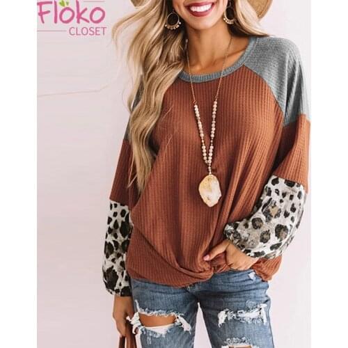 Flokocloset Casual Leopard Print Knitted Waffle Long Sleeve T-shirts Autumn Spring O-Neck Streetwear Tops for Women