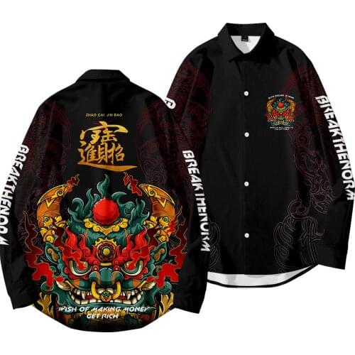 Spring Autumn Vintage Black Print Shirt Men Shirt Long Sleeve Shirt Man Turn-down-collar Blouse Tops