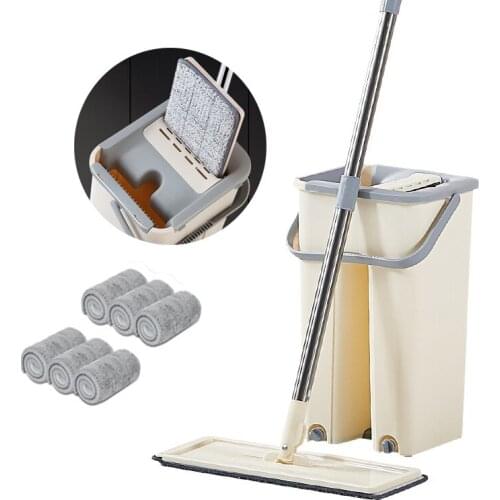 Hand Free Wringing Squeeze Mop and Bucket with 4/6Pcs Replaceable Microfiber Mop Cloth Home Wet Dry Cleaning Flat Mop