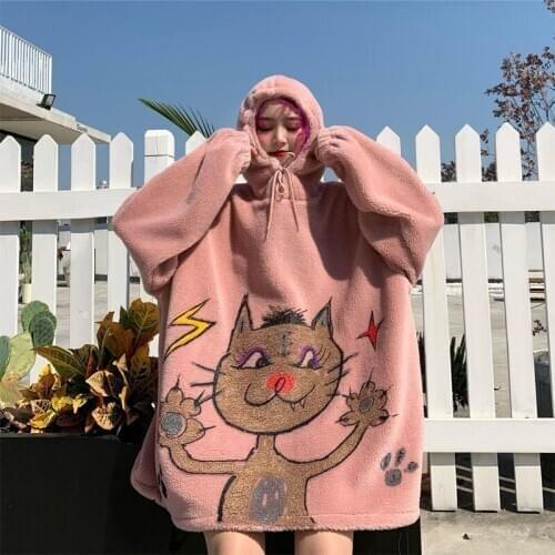 Cat Hoodies KPOP Big Size Sweatshirt Women Oversize Sleeve Sweatshirts Individual Girl Sweatshirt For Women 2021 Cute Pullover