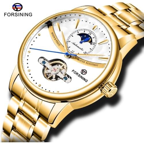 Top Luxury Brand FORSINING Men Automatic Mechanical Watch Stainless steel Waterproof Wristwatch Moon phase Tourbillon Male Clock