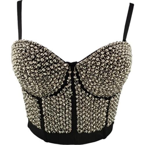 Acrylic Beads Shine Nightclub Party Tube Top With Built In Bra Push Up Bralette Crop Top Women Camis Tops Sexy Female Clothing
