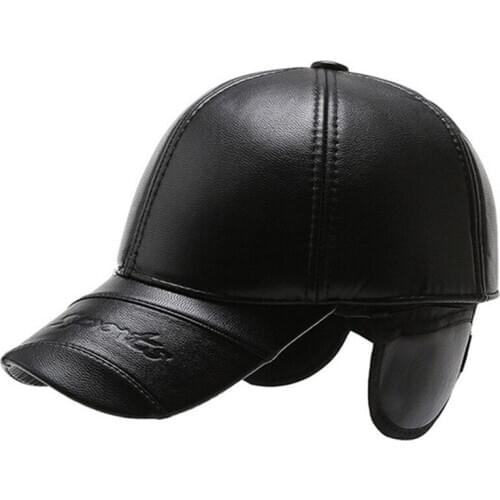 Thermal Earmuff Hats For Men Snapback Cap Thick Plush Warm Baseball Caps New Winter PU Leather Hat Adjustable Size Dads Sports