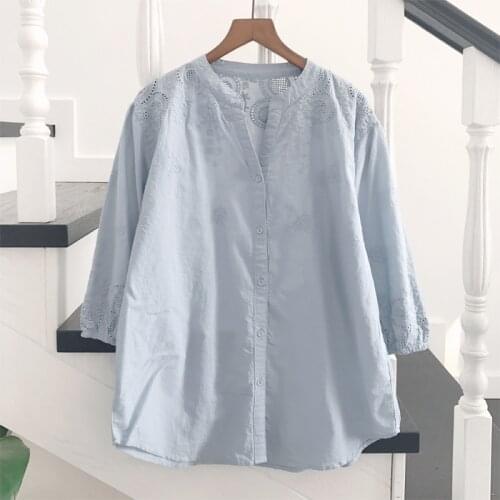 2020 New Summer Women Blouse Solid Color Hollow out embroidery Loose Cotton Literary Shirt Women Casual Tops