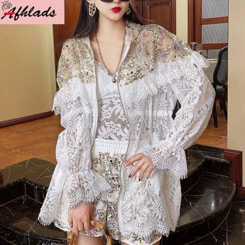 Summer New Fashion Beaded Lace Stitching Sequins Flare Long Sleeve Hooded Outerwear Beach Holiday Plus Size Women Jacket