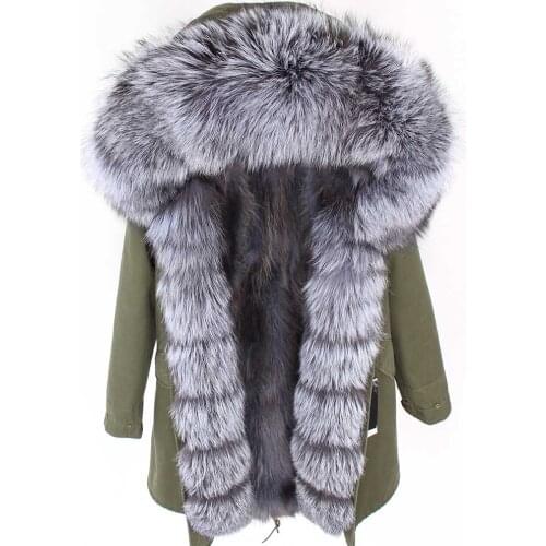 Real Fur Coat Brand 2020 Winter Jacket Women Parka Real Fox Collar Fox Fur Liner Black Striped Long Coat Streetwear New Fashion