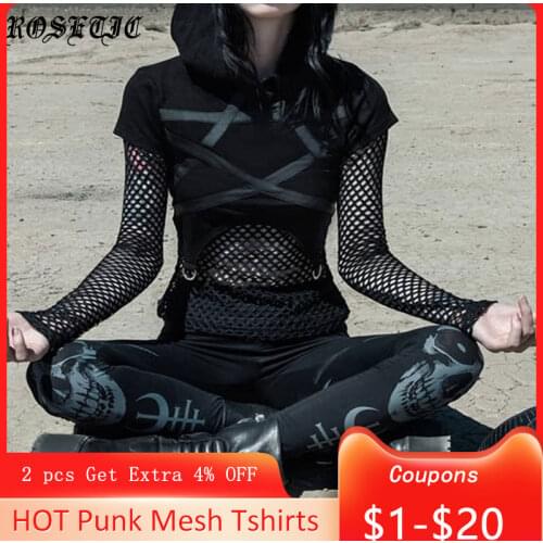 Rosetic Mesh Long Sleeve Gothic Hoodie Women Punk Sexy See Through Black Hooded Tops Streetwear Sweatshirt Halloween Tops 2020
