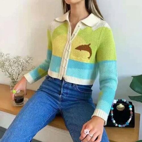 Turn-Down Collar Bottun Women Autumn Sweater Casual Long Sleeve Print Ladies BM Crop Tops Vintage Femme Knit Short Cardigan Tops