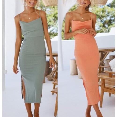 Summer Sexy Spaghetti Straps Backless Womens Split Fork Dress 2021 Fashion Casual Bodycon Solid Zipper Folds Ladies Maxi Dress